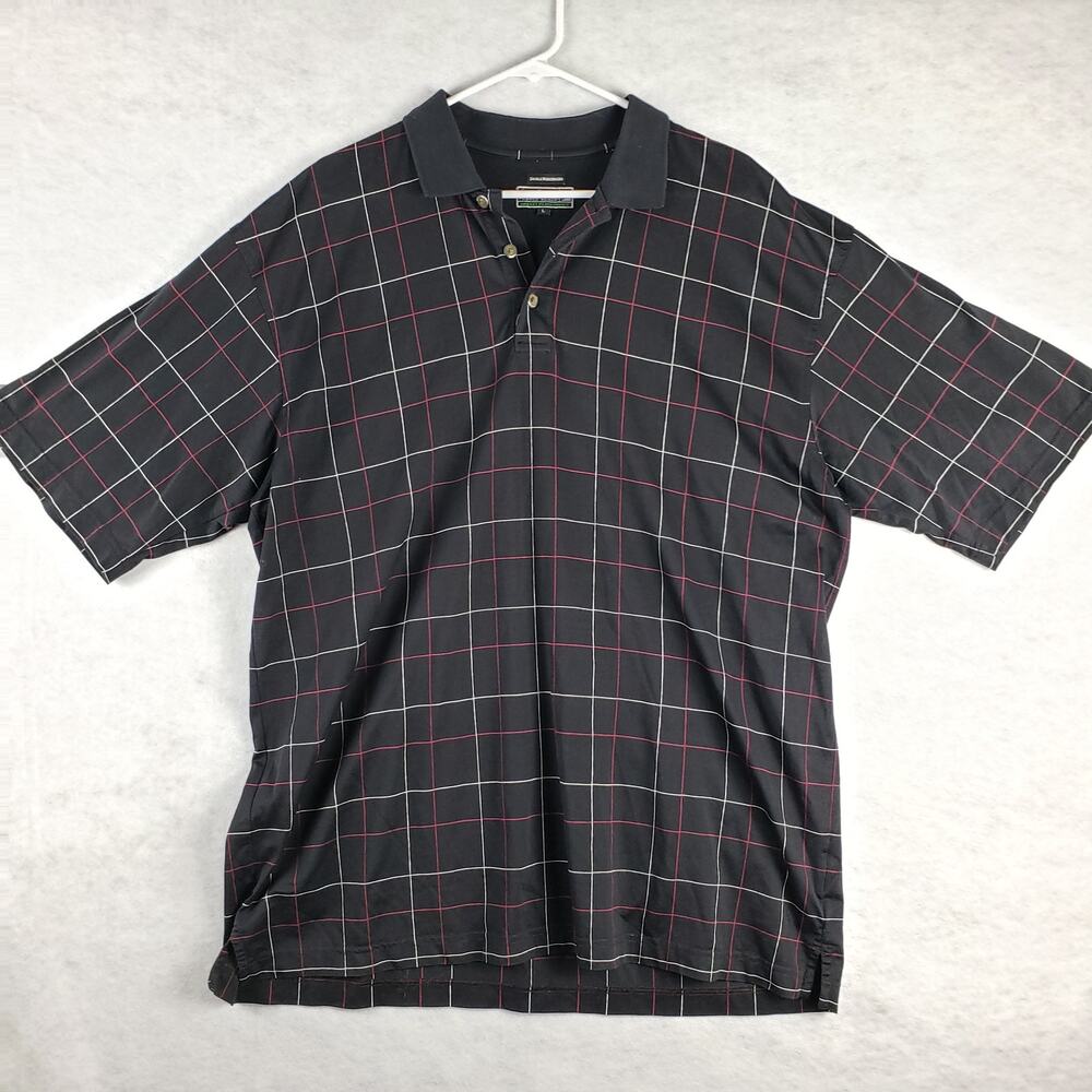 Pebble Beach Mens L Luxury Performance Polo Shirt Black White Grid Golf Athletic